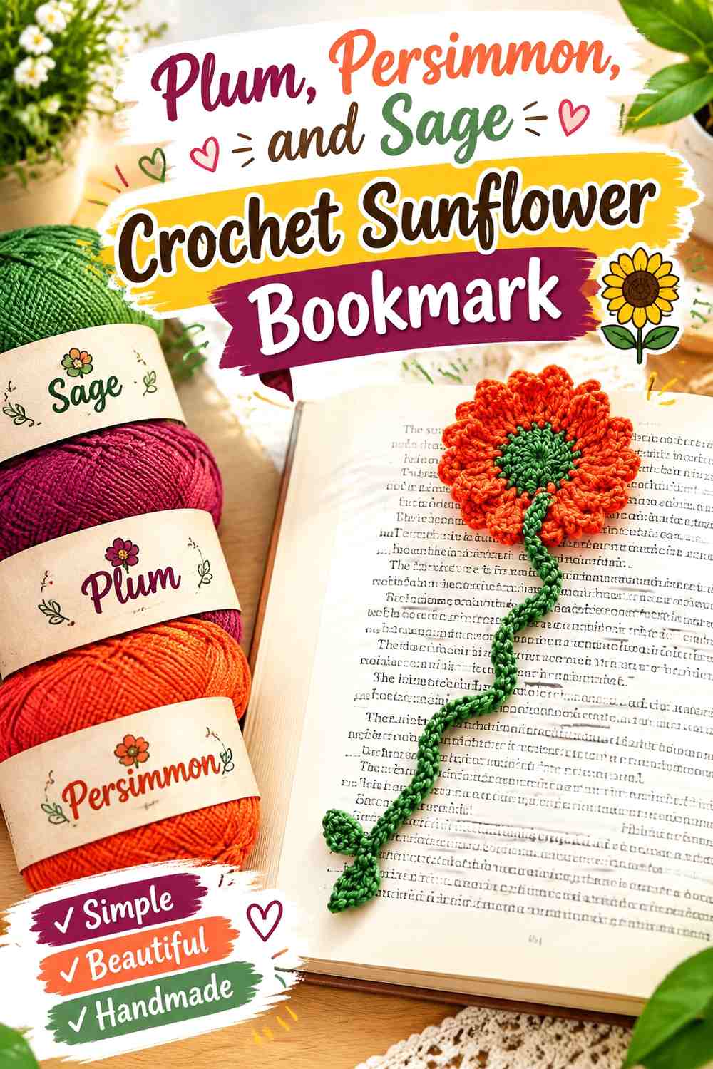 Plum, Persimmon, and Sage Crochet Sunflower Bookmark