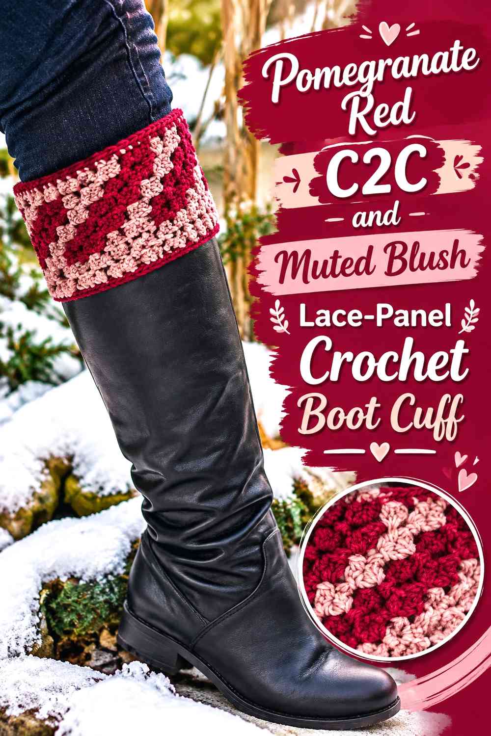 Pomegranate Red C2C and Muted Blush Lace-Panel Crochet Boot Cuff