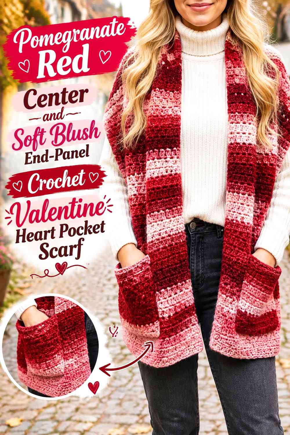 Pomegranate Red Center and Soft Blush End-Panel Crochet Valentine Heart Pocket Scarf
