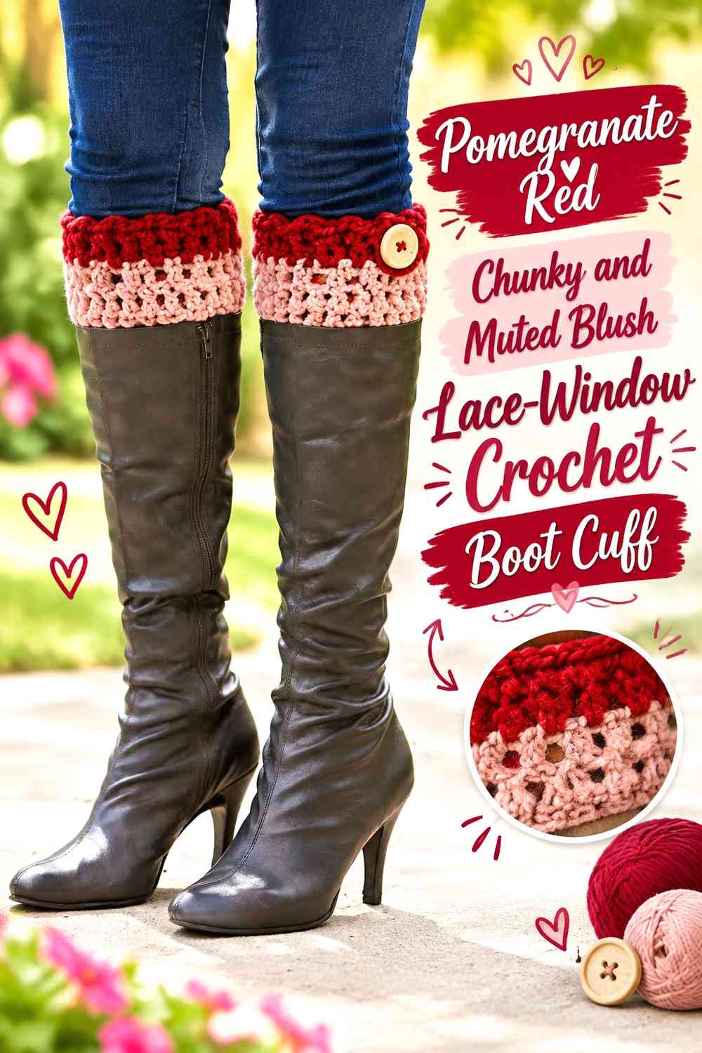 Pomegranate Red Chunky and Muted Blush Lace-Window Crochet Boot Cuff