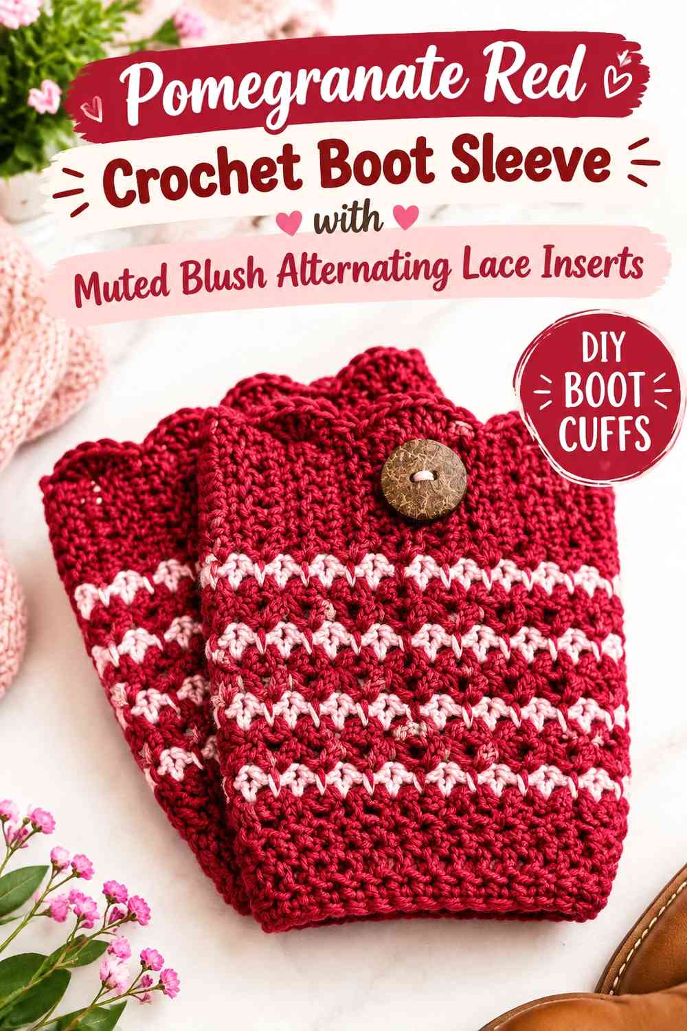 Pomegranate Red Crochet Boot Sleeve with Muted Blush Alternating Lace Inserts