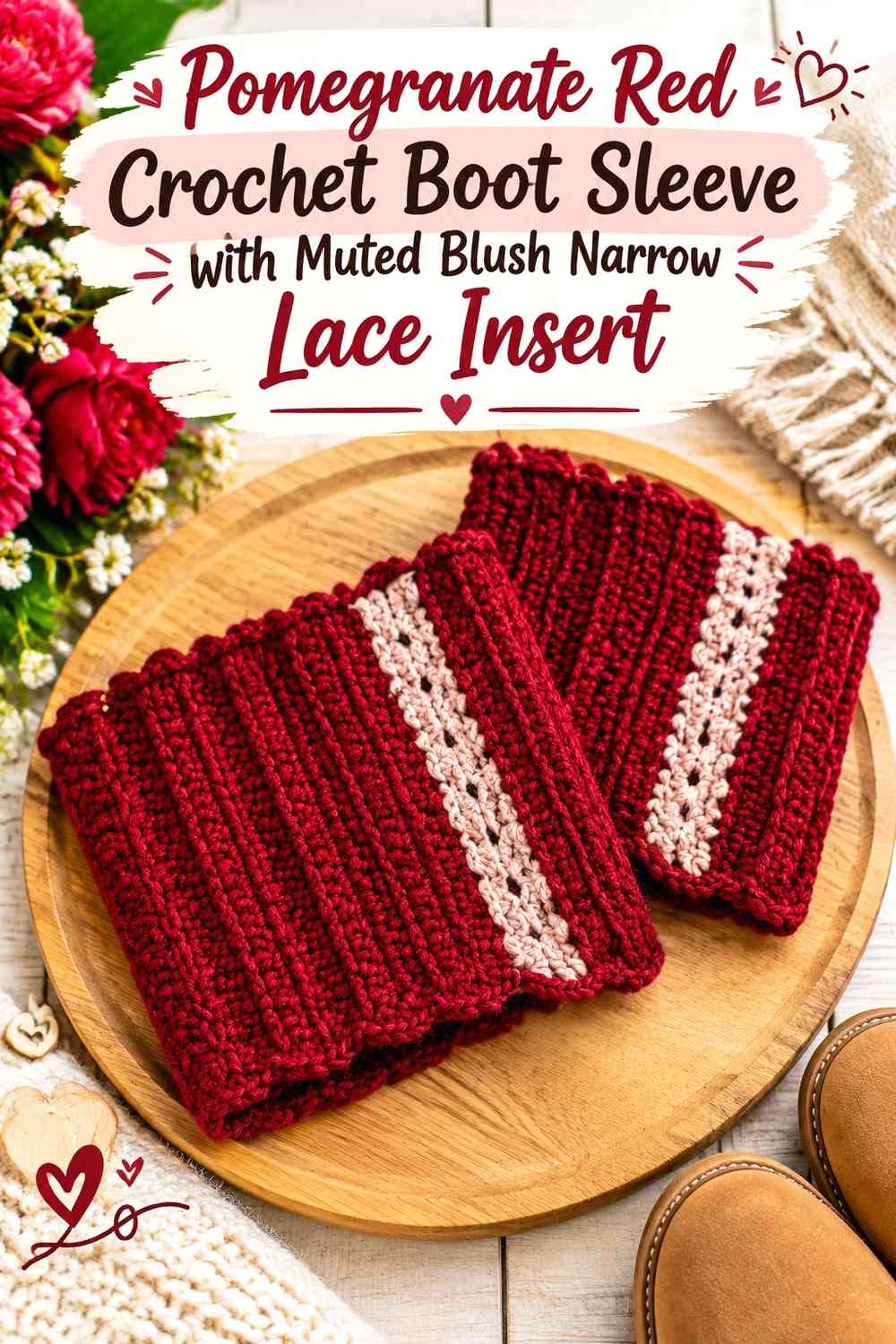 Pomegranate Red Crochet Boot Sleeve with Muted Blush Narrow Lace Insert