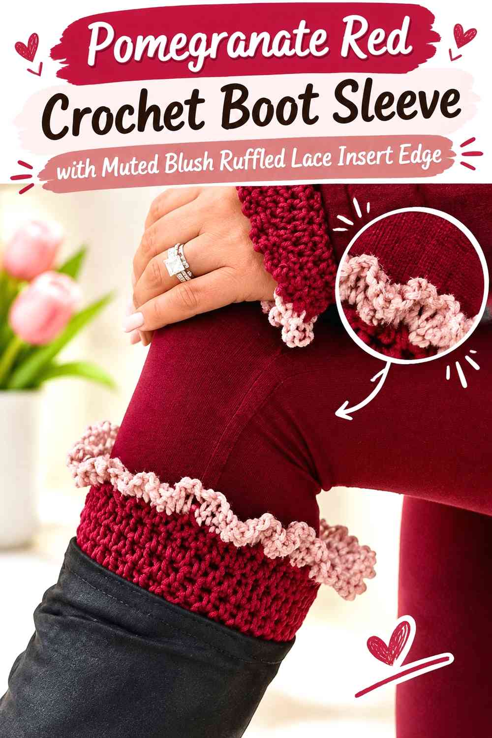 Pomegranate Red Crochet Boot Sleeve with Muted Blush Ruffled Lace Insert Edge