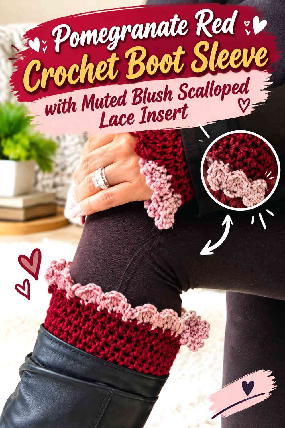 Pomegranate Red Crochet Boot Sleeve with Muted Blush Scalloped Lace Insert
