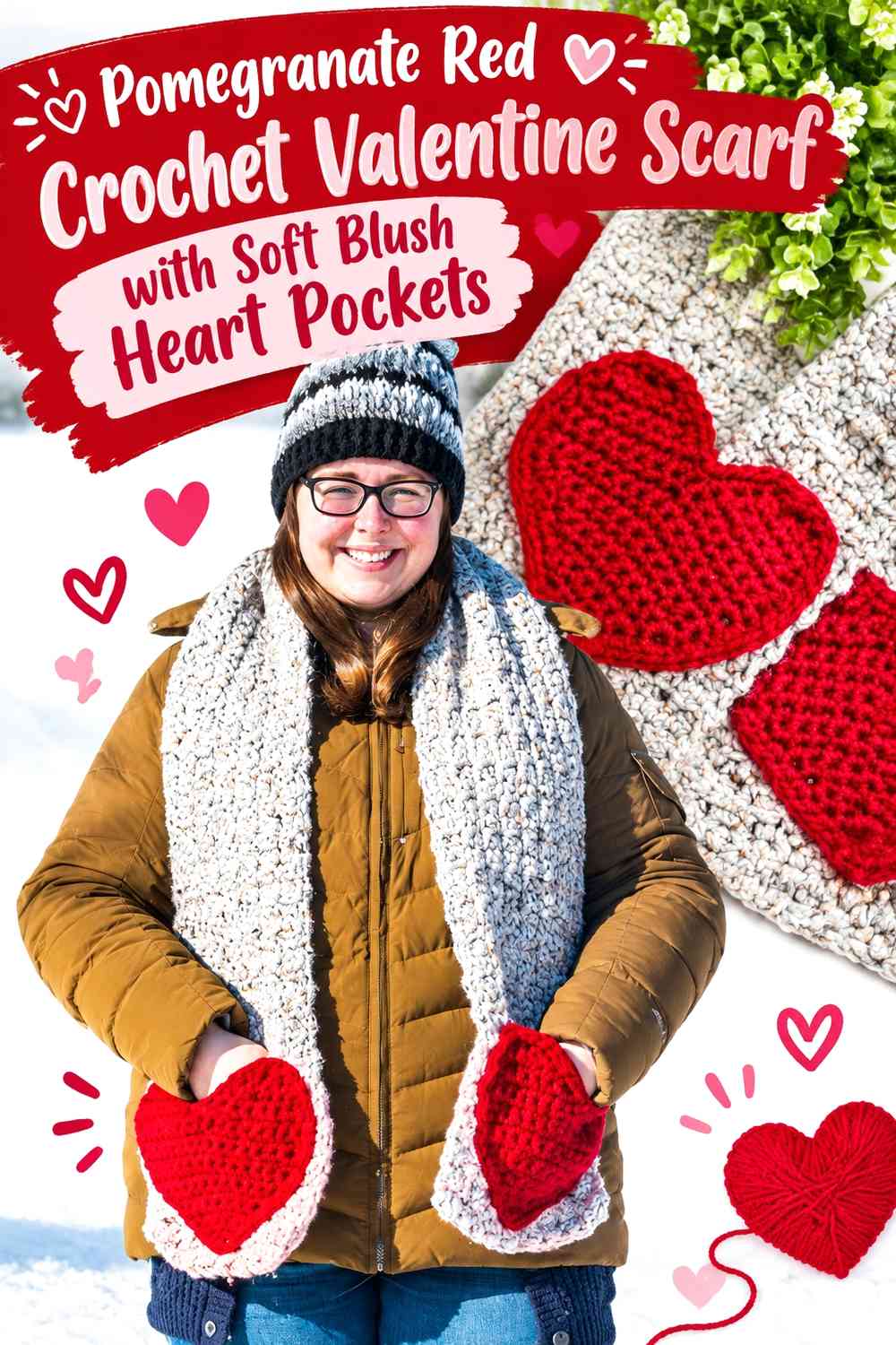 Pomegranate Red Crochet Valentine Scarf with Soft Blush Heart Pockets