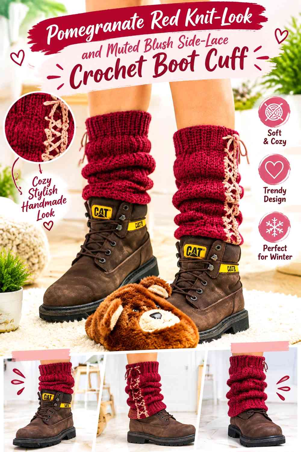 Pomegranate Red Knit-Look and Muted Blush Side-Lace Crochet Boot Cuff