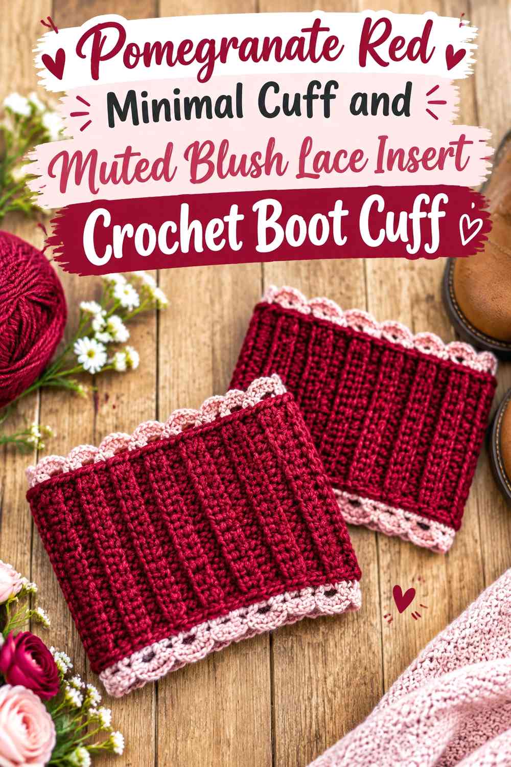 Pomegranate Red Minimal Cuff and Muted Blush Lace Insert Crochet Boot Cuff