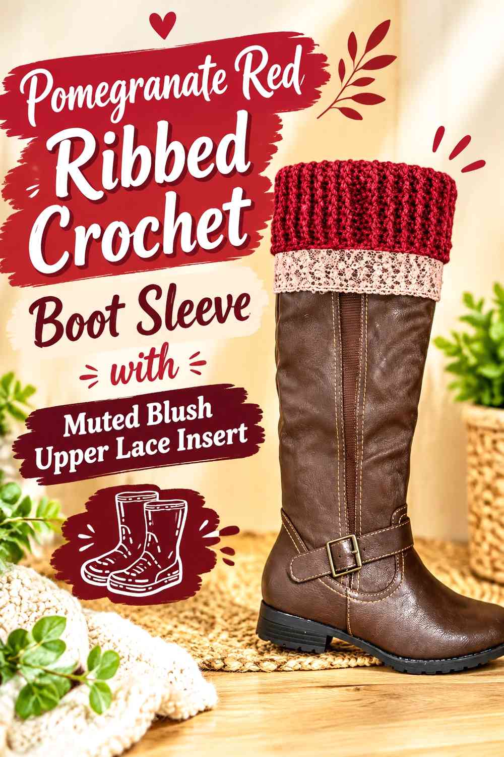 Pomegranate Red Ribbed Crochet Boot Sleeve with Muted Blush Upper Lace Insert