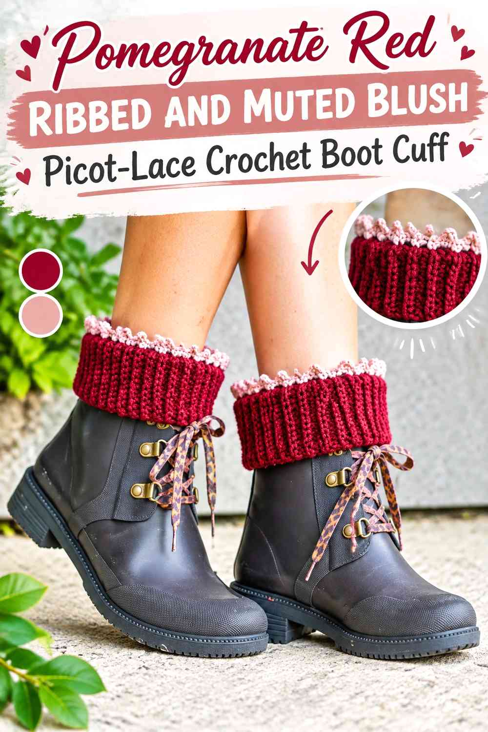 Pomegranate Red Ribbed and Muted Blush Picot-Lace Crochet Boot Cuff