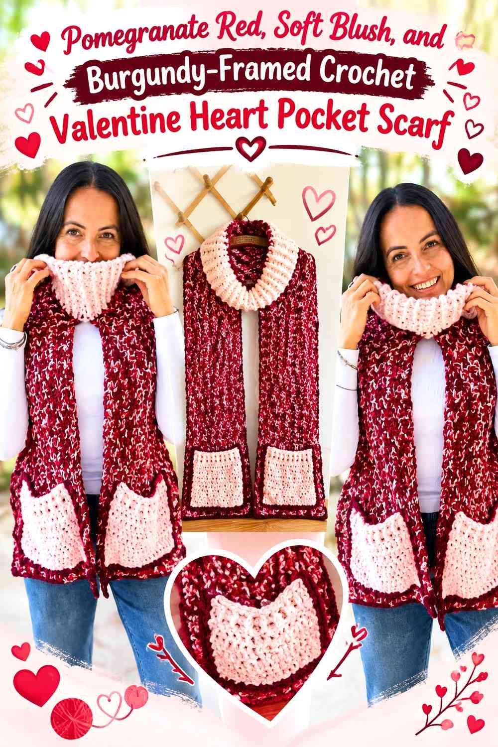 Pomegranate Red, Soft Blush, and Burgundy-Framed Crochet Valentine Heart Pocket Scarf