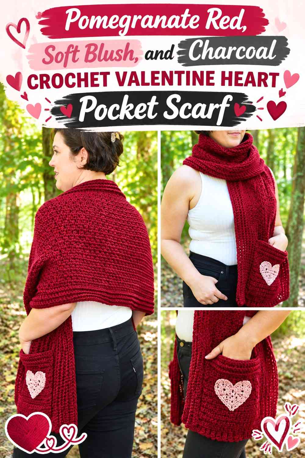 Pomegranate Red, Soft Blush, and Charcoal Crochet Valentine Heart Pocket Scarf