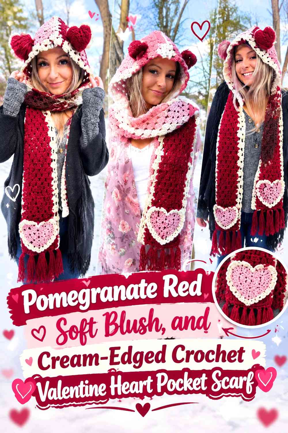 Pomegranate Red, Soft Blush, and Cream-Edged Crochet Valentine Heart Pocket Scarf
