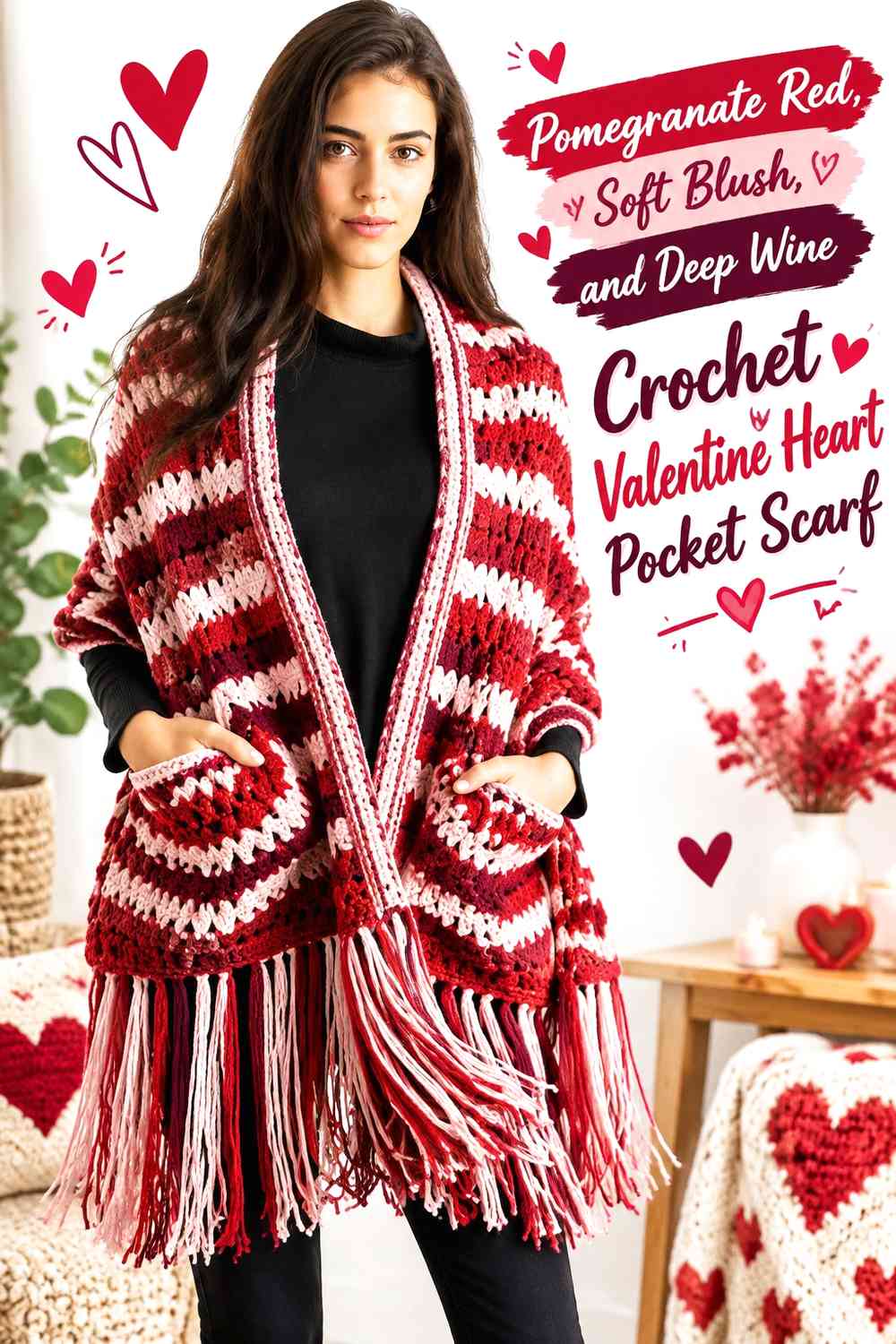 Pomegranate Red, Soft Blush, and Deep Wine Crochet Valentine Heart Pocket Scarf