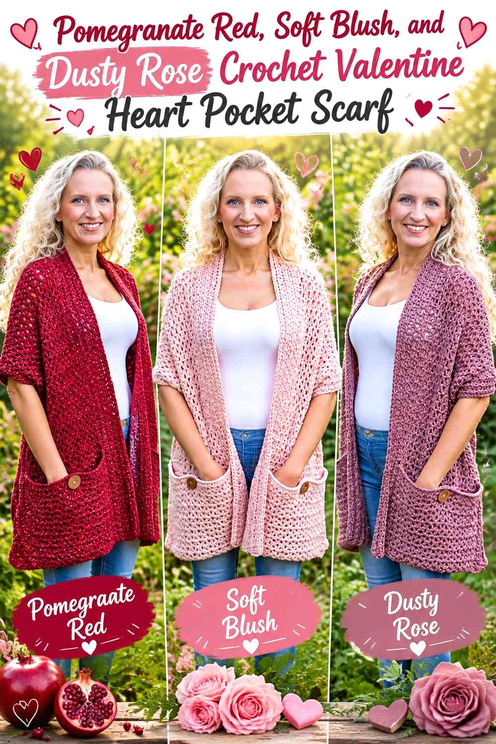 Pomegranate Red, Soft Blush, and Dusty Rose Crochet Valentine Heart Pocket Scarf