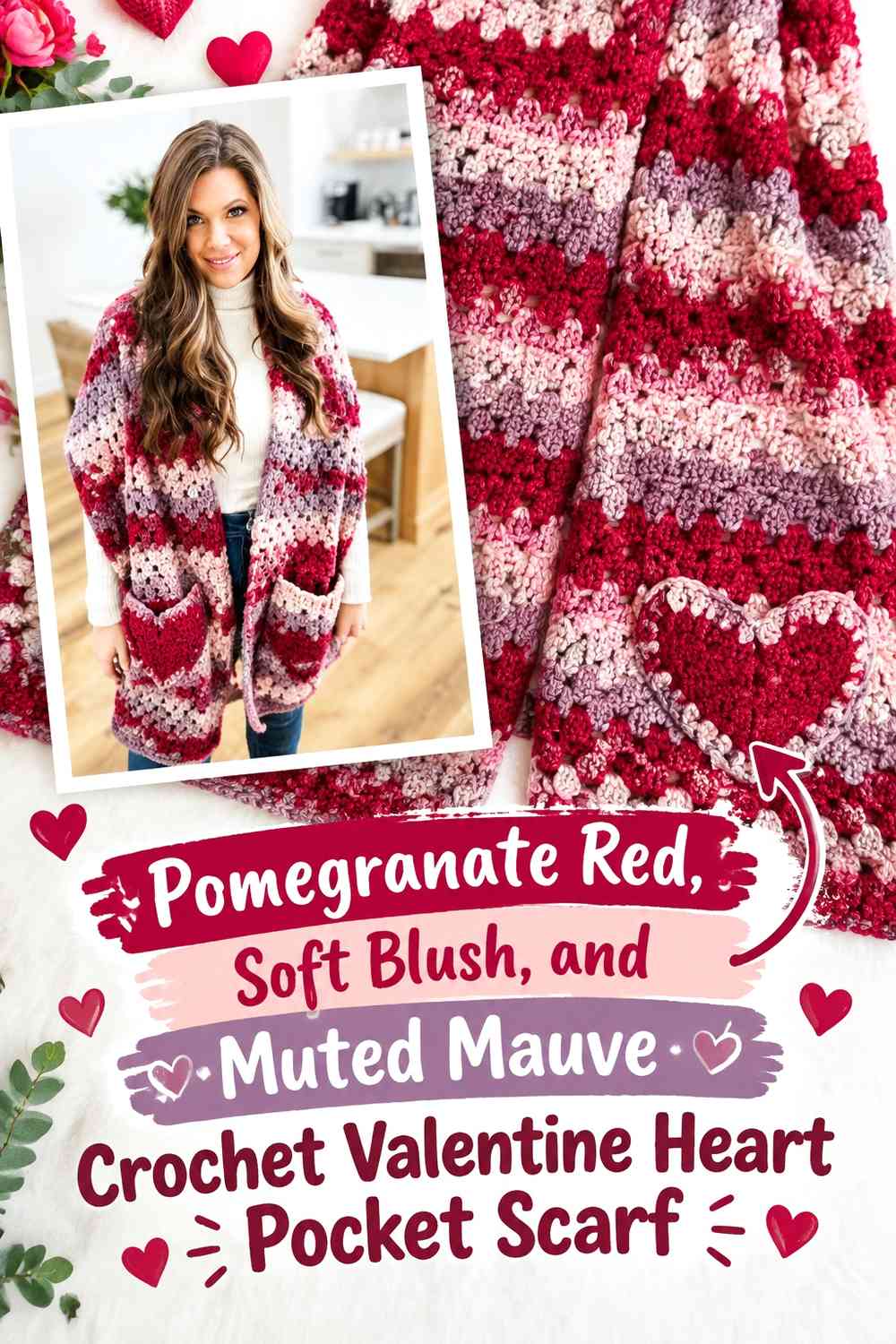 Pomegranate Red, Soft Blush, and Muted Mauve Crochet Valentine Heart Pocket Scarf