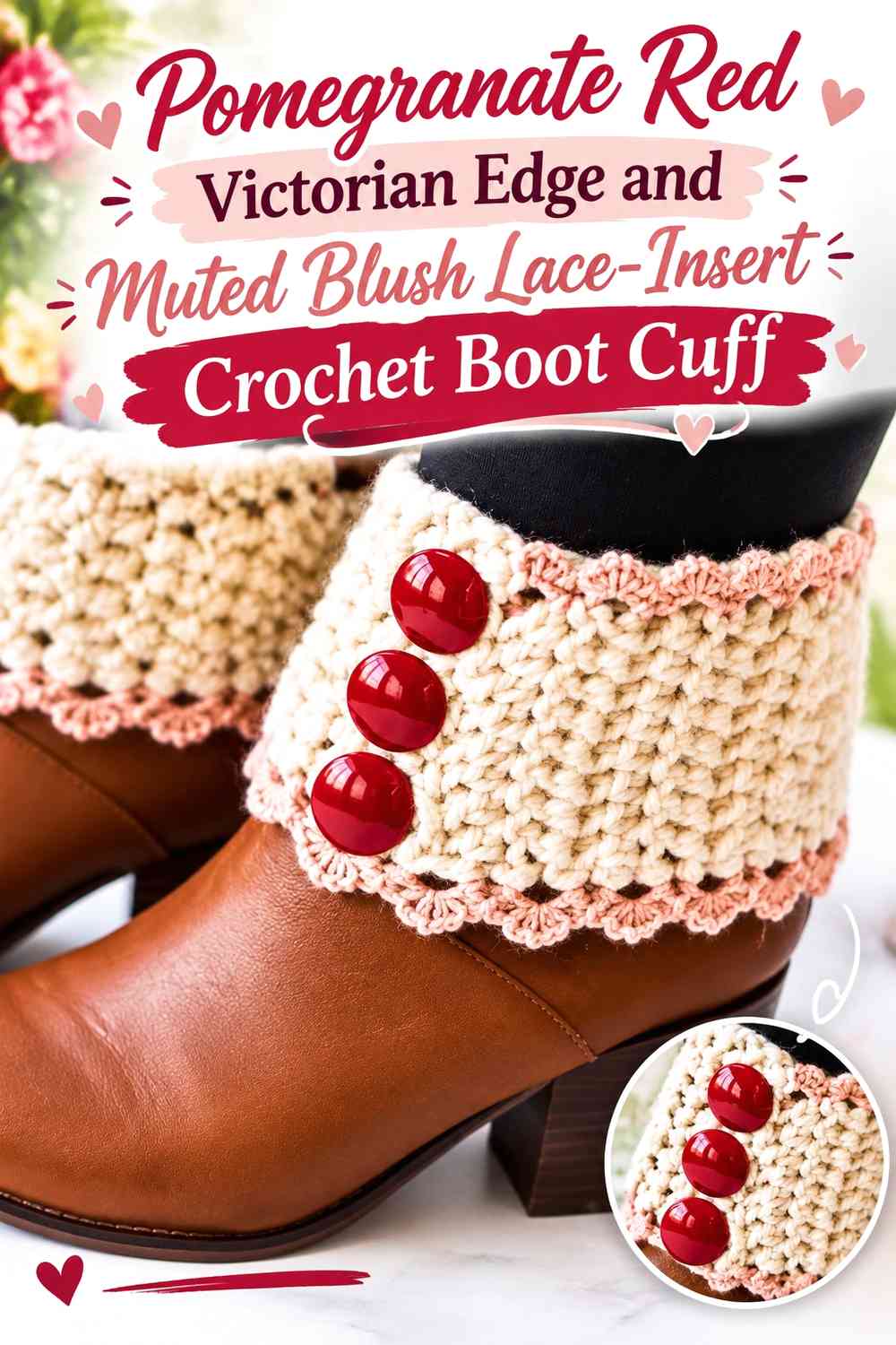 Pomegranate Red Victorian Edge and Muted Blush Lace-Insert Crochet Boot Cuff