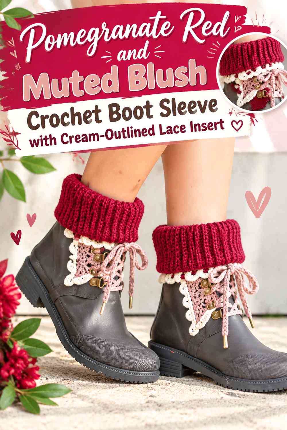 Pomegranate Red and Muted Blush Crochet Boot Sleeve with Cream-Outlined Lace Insert