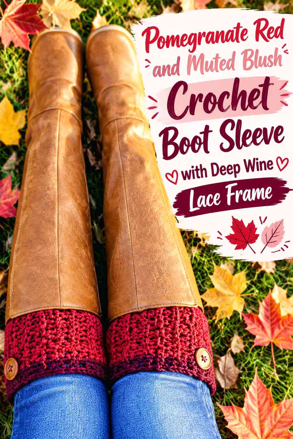 Pomegranate Red and Muted Blush Crochet Boot Sleeve with Deep Wine Lace Frame
