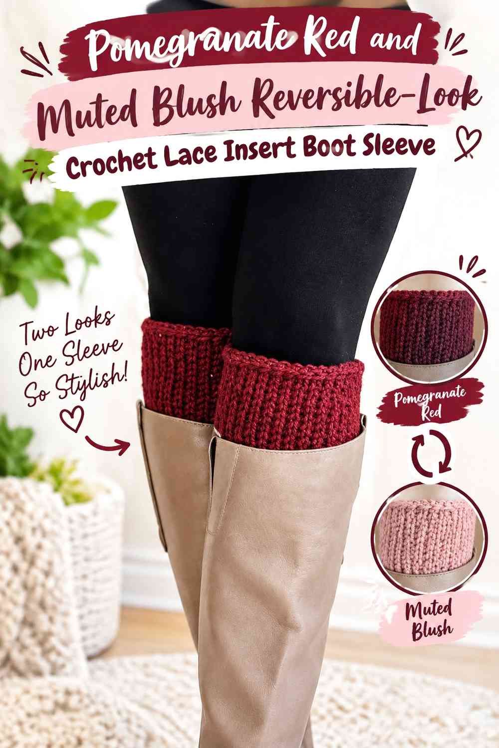 Pomegranate Red and Muted Blush Reversible-Look Crochet Lace Insert Boot Sleeve