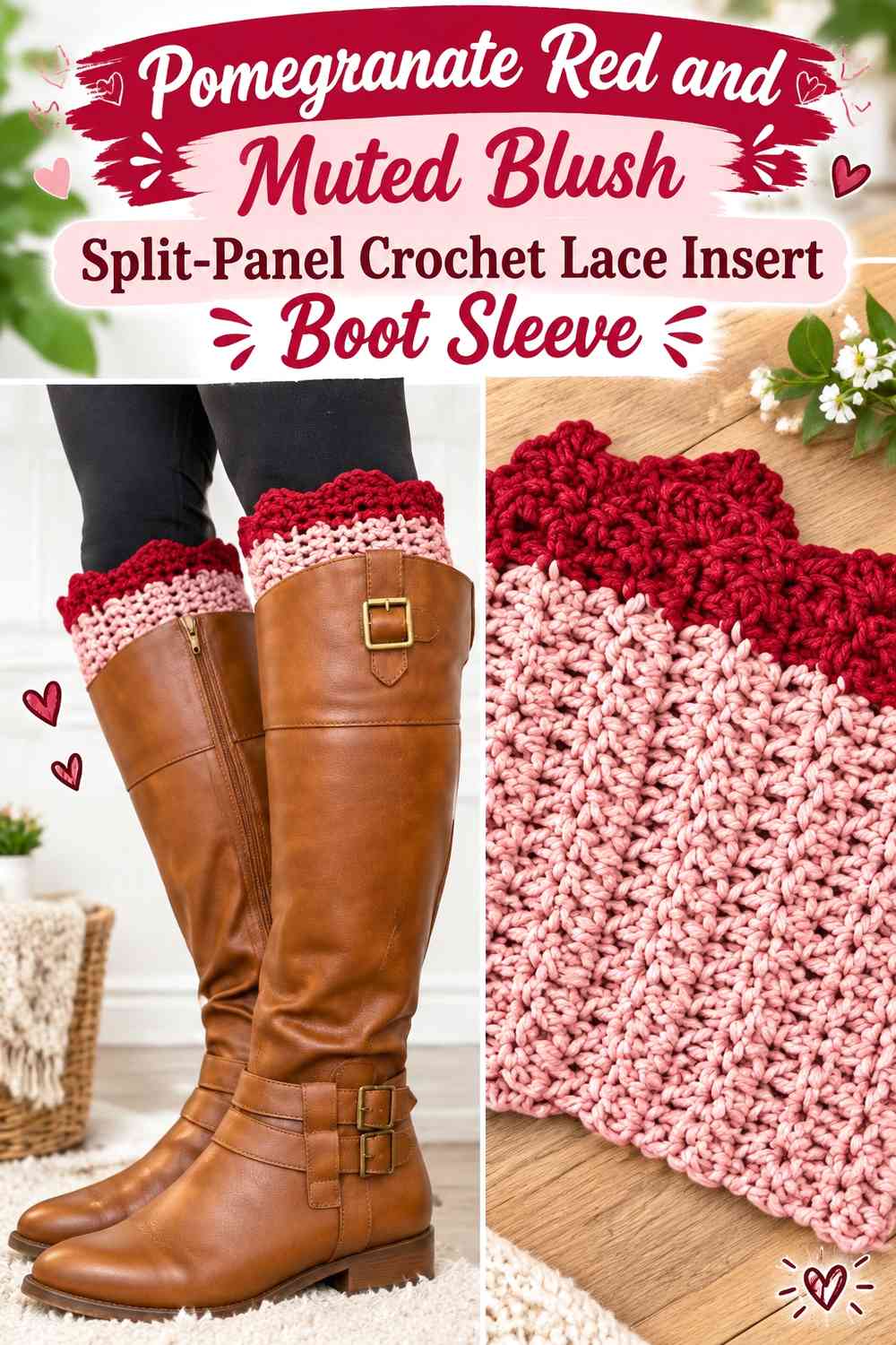 Pomegranate Red and Muted Blush Split-Panel Crochet Lace Insert Boot Sleeve