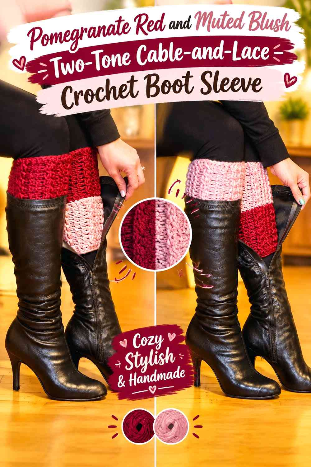 Pomegranate Red and Muted Blush Two-Tone Cable-and-Lace Crochet Boot Sleeve