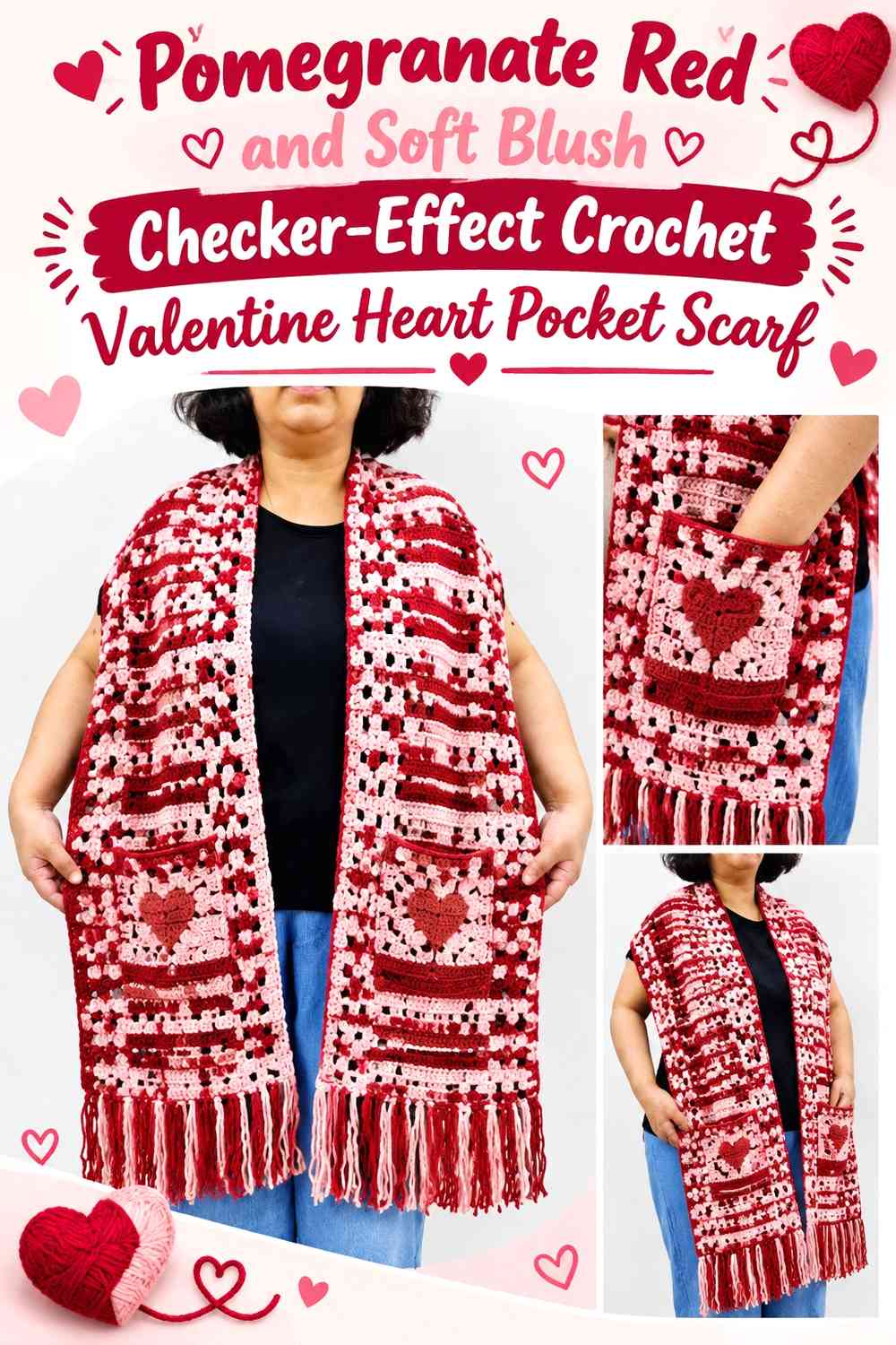 Pomegranate Red and Soft Blush Checker-Effect Crochet Valentine Heart Pocket Scarf