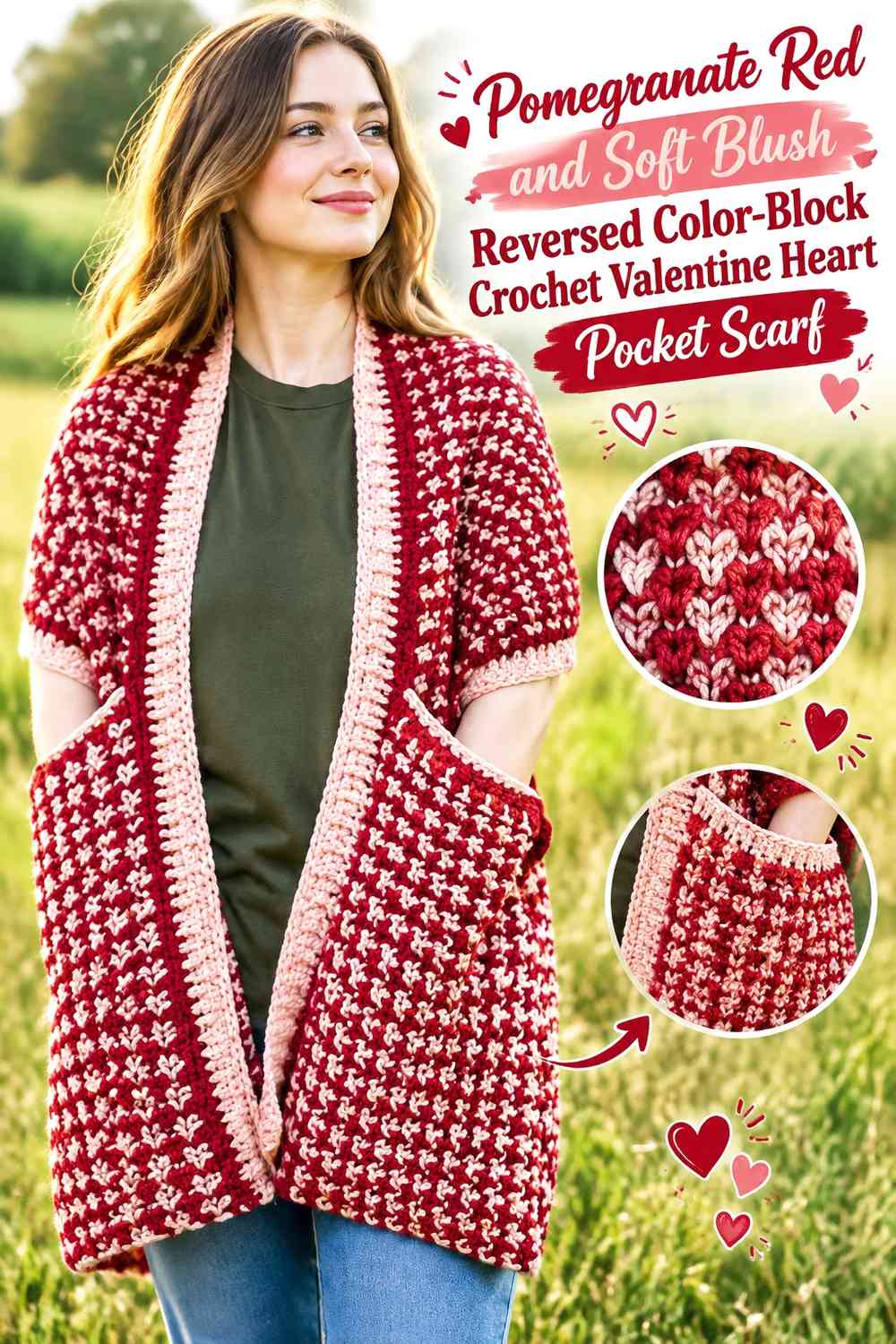 Pomegranate Red and Soft Blush Reversed Color-Block Crochet Valentine Heart Pocket Scarf