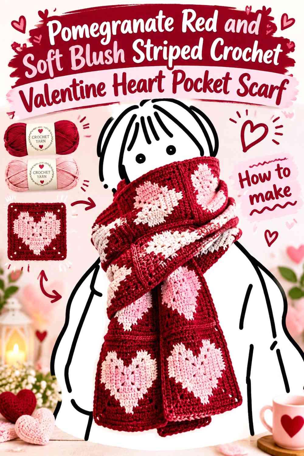 Pomegranate Red and Soft Blush Striped Crochet Valentine Heart Pocket Scarf
