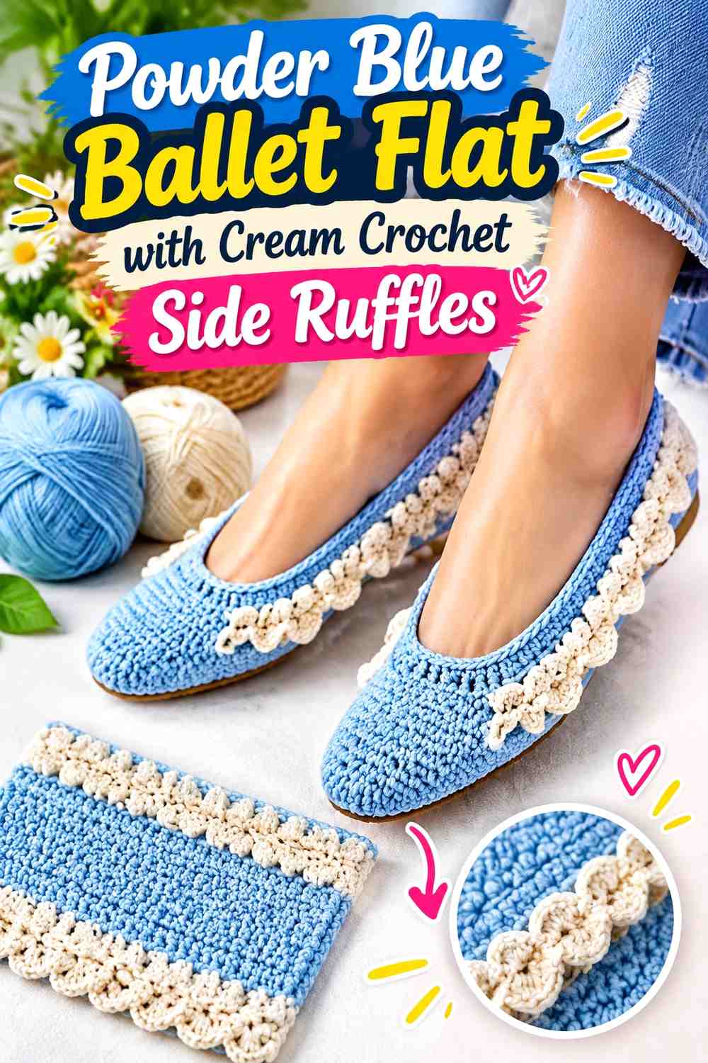 Powder Blue Ballet Flat with Cream Crochet Side Ruffles