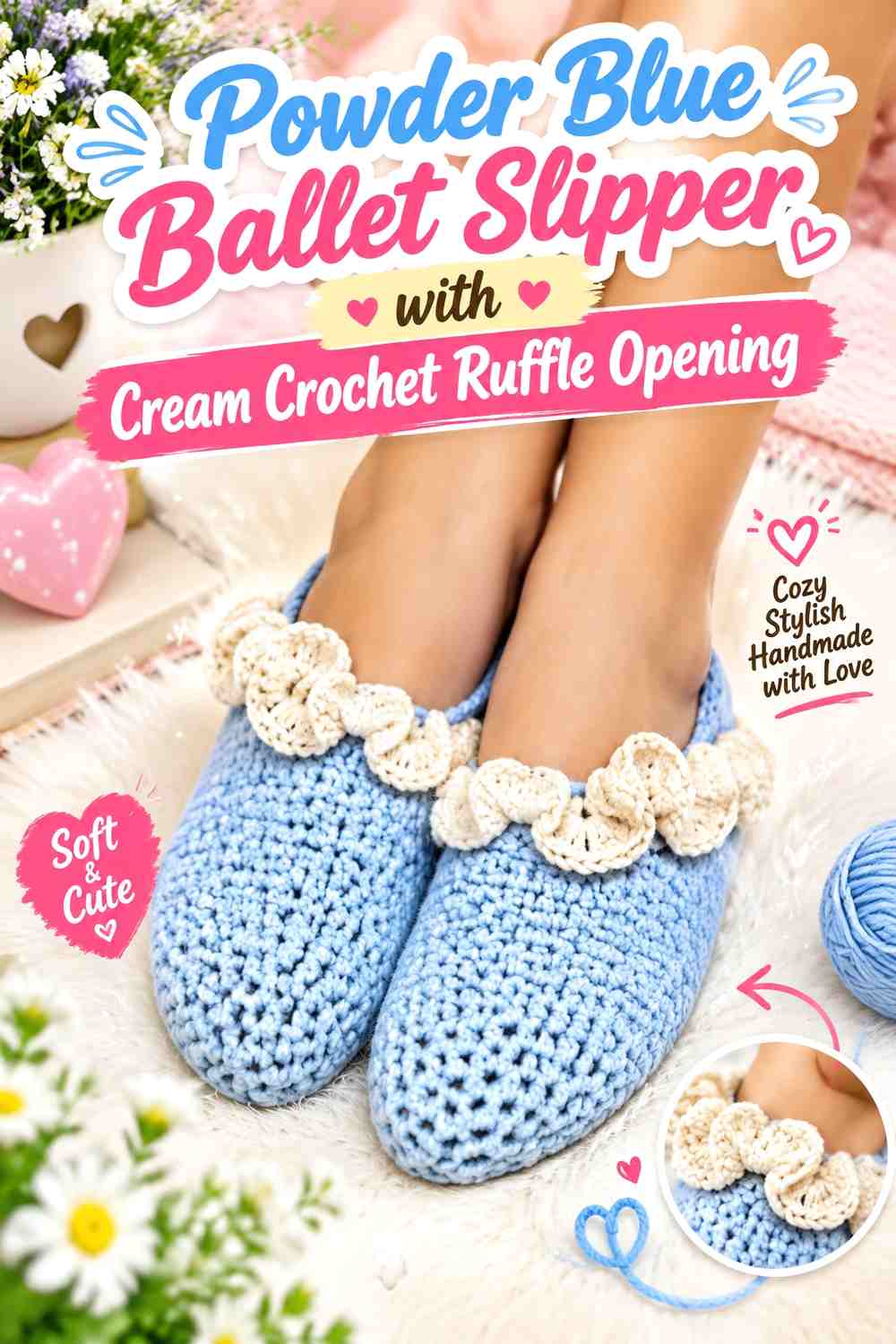 Powder Blue Ballet Slipper with Cream Crochet Ruffle Opening