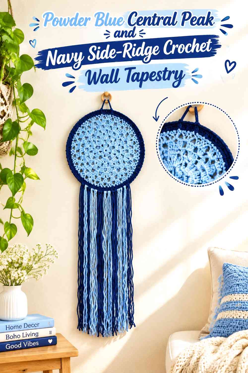 Powder Blue Central Peak and Navy Side-Ridge Crochet Wall Tapestry