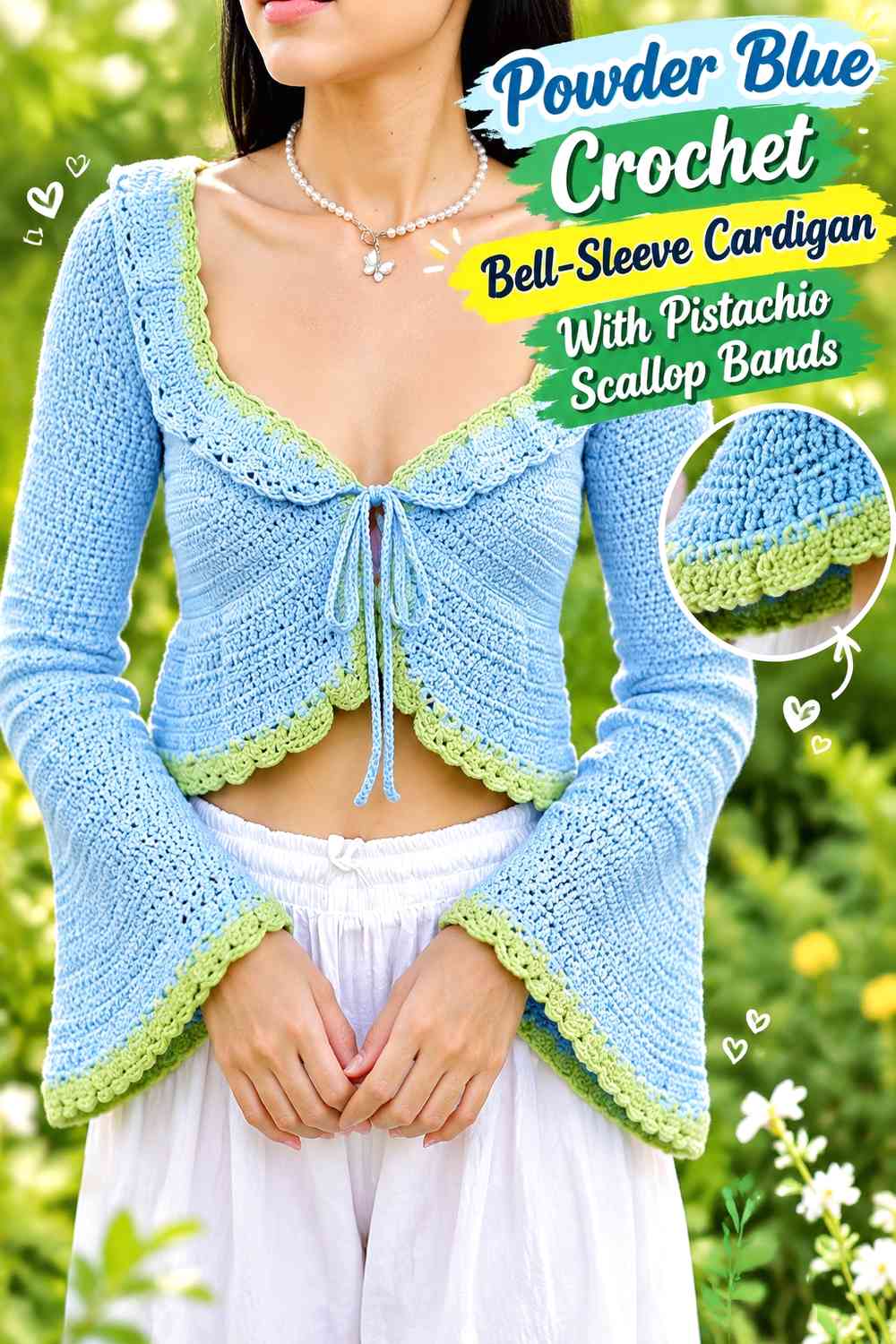 Powder Blue Crochet Bell-Sleeve Cardigan With Pistachio Scallop Bands