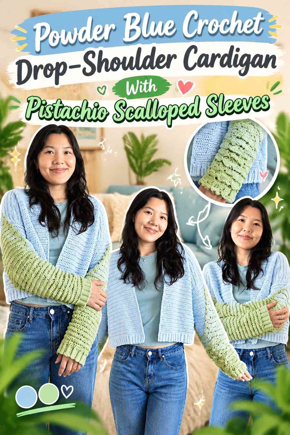 Powder Blue Crochet Drop-Shoulder Cardigan With Pistachio Scalloped Sleeves