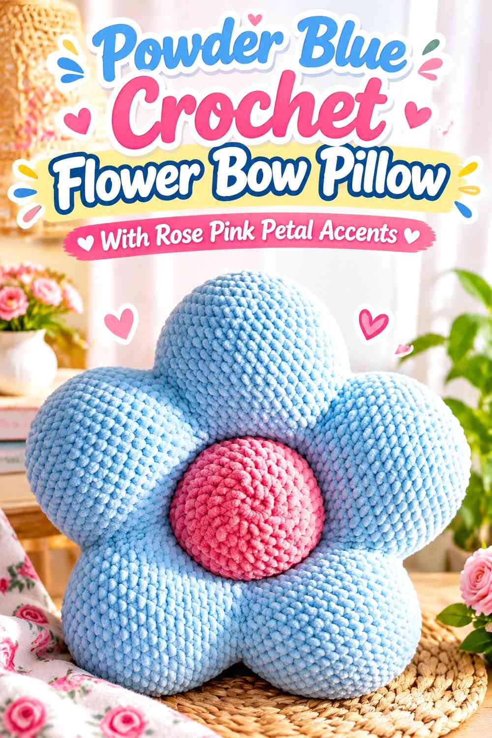 Powder Blue Crochet Flower Bow Pillow With Rose Pink Petal Accents