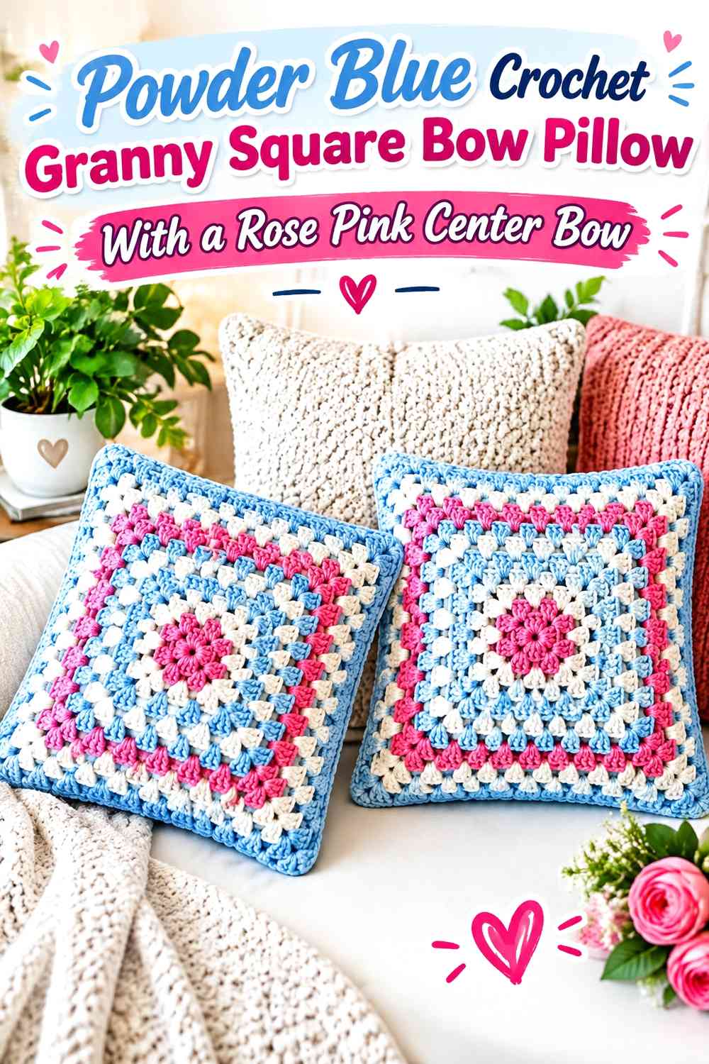 Powder Blue Crochet Granny Square Bow Pillow With a Rose Pink Center Bow
