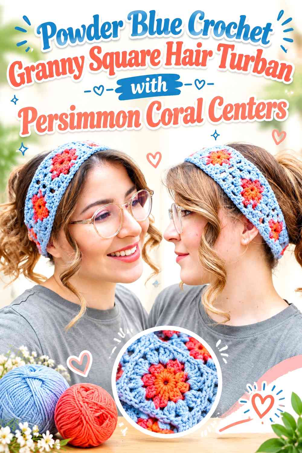 Powder Blue Crochet Granny Square Hair Turban with Persimmon Coral Centers
