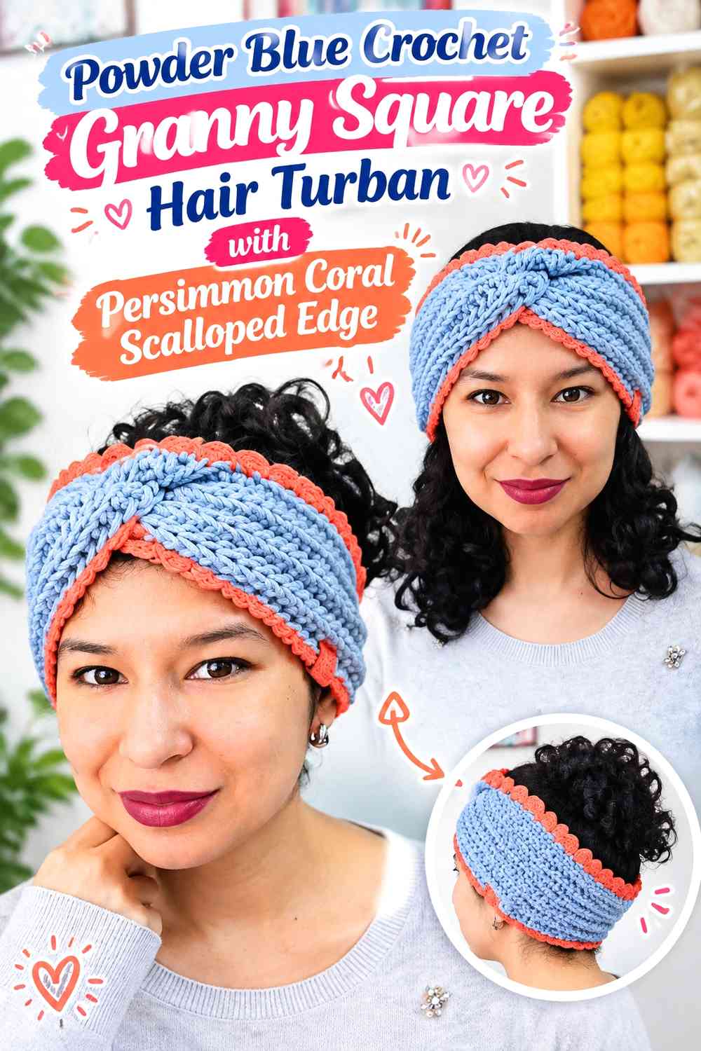 Powder Blue Crochet Granny Square Hair Turban with Persimmon Coral Scalloped Edge