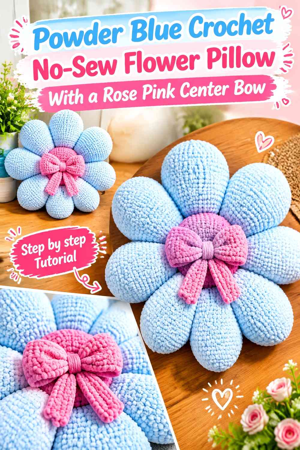 Powder Blue Crochet No-Sew Flower Pillow With a Rose Pink Center Bow