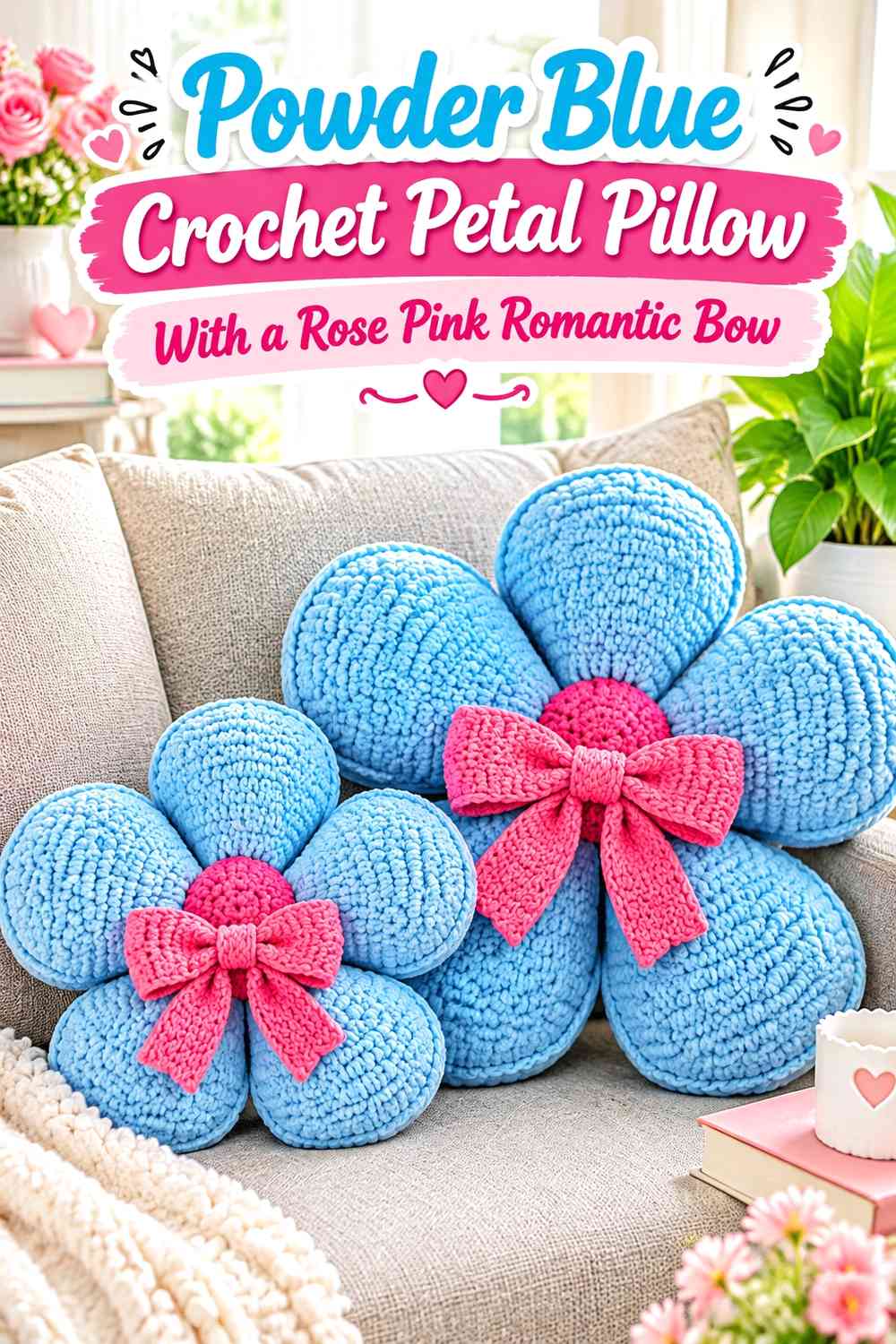 Powder Blue Crochet Petal Pillow With a Rose Pink Romantic Bow