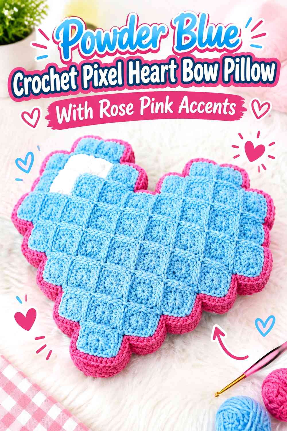 Powder Blue Crochet Pixel Heart Bow Pillow With Rose Pink Accents