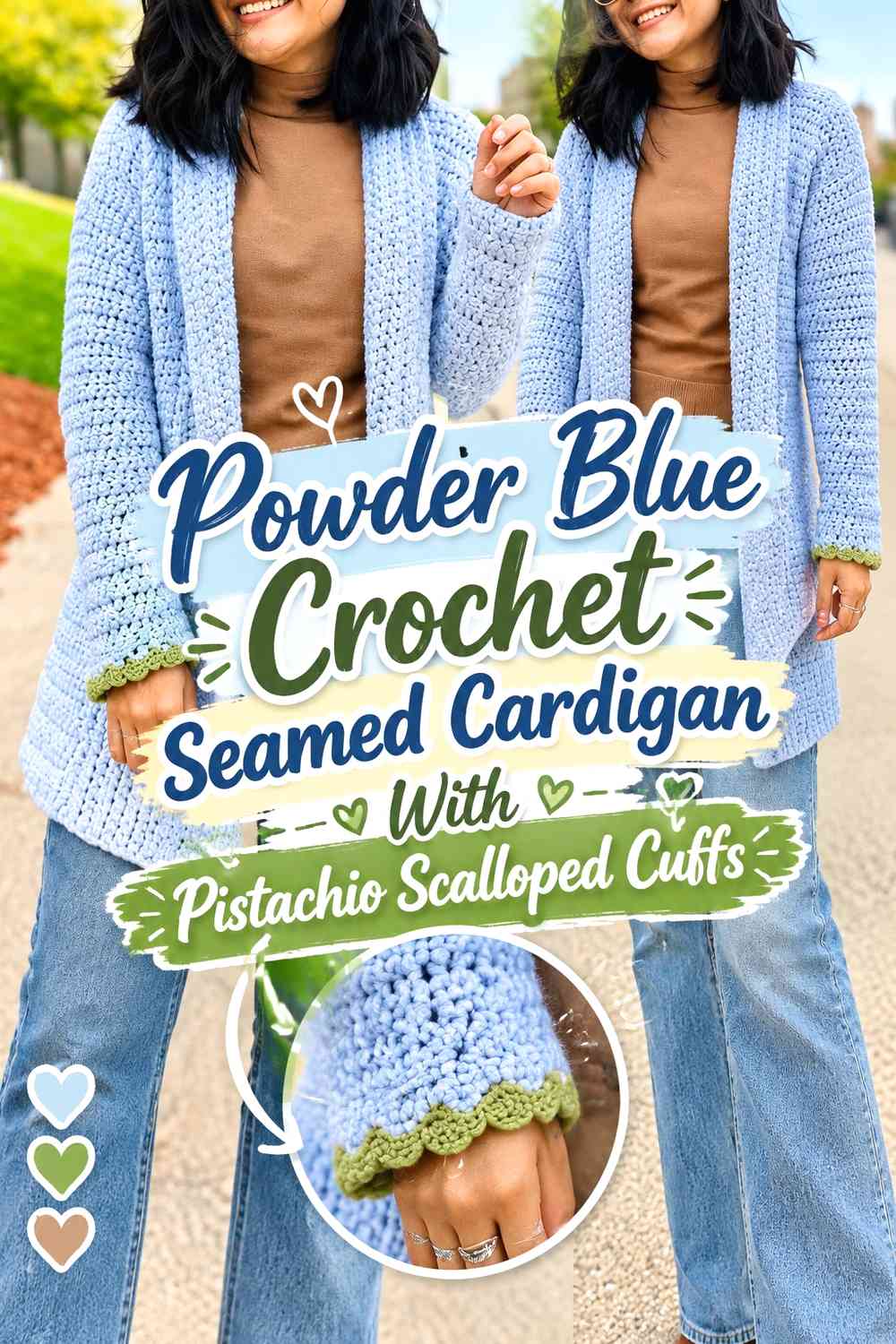 Powder Blue Crochet Seamed Cardigan With Pistachio Scalloped Cuffs