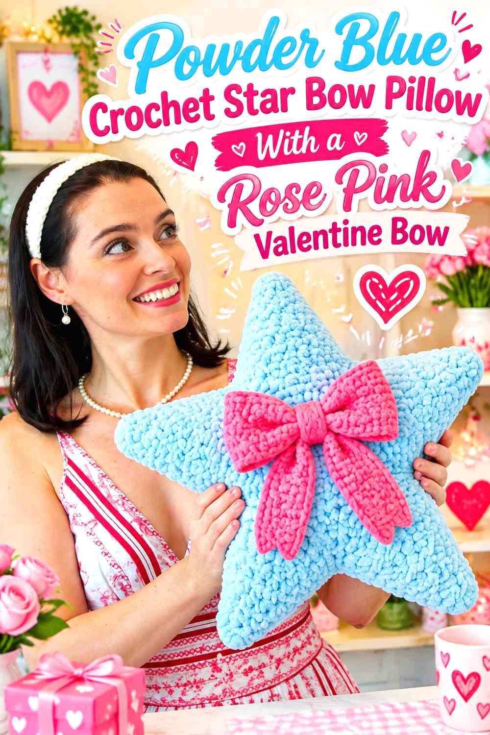 Powder Blue Crochet Star Bow Pillow With a Rose Pink Valentine Bow