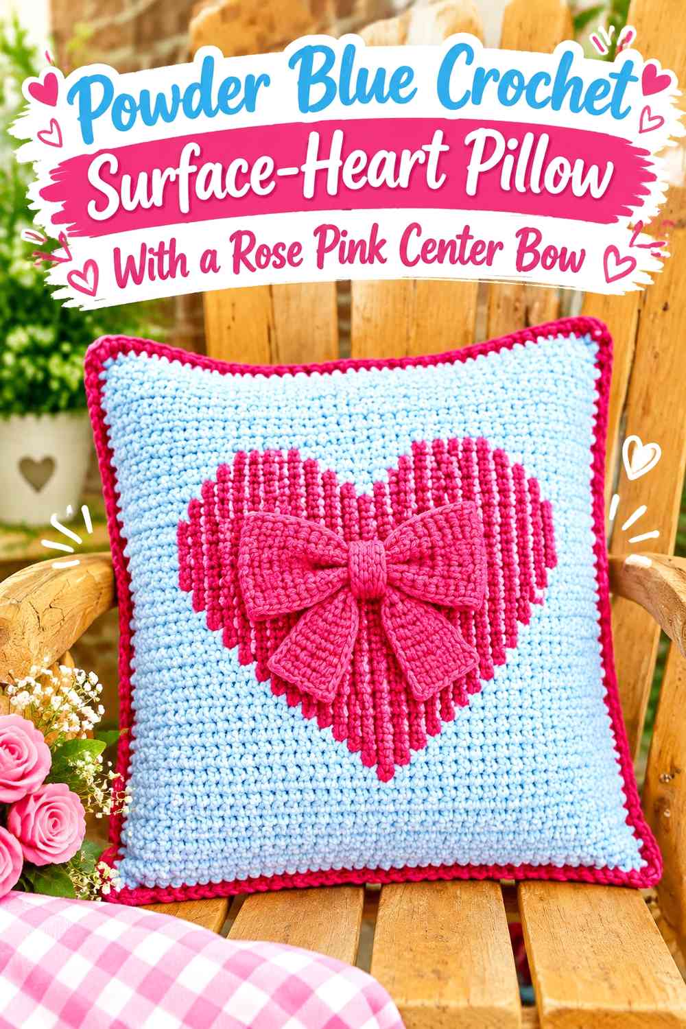 Powder Blue Crochet Surface-Heart Pillow With a Rose Pink Center Bow