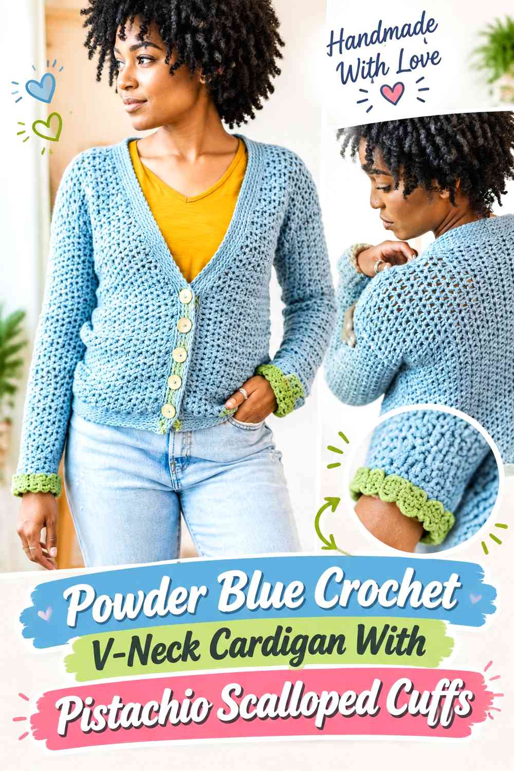 Powder Blue Crochet V-Neck Cardigan With Pistachio Scalloped Cuffs