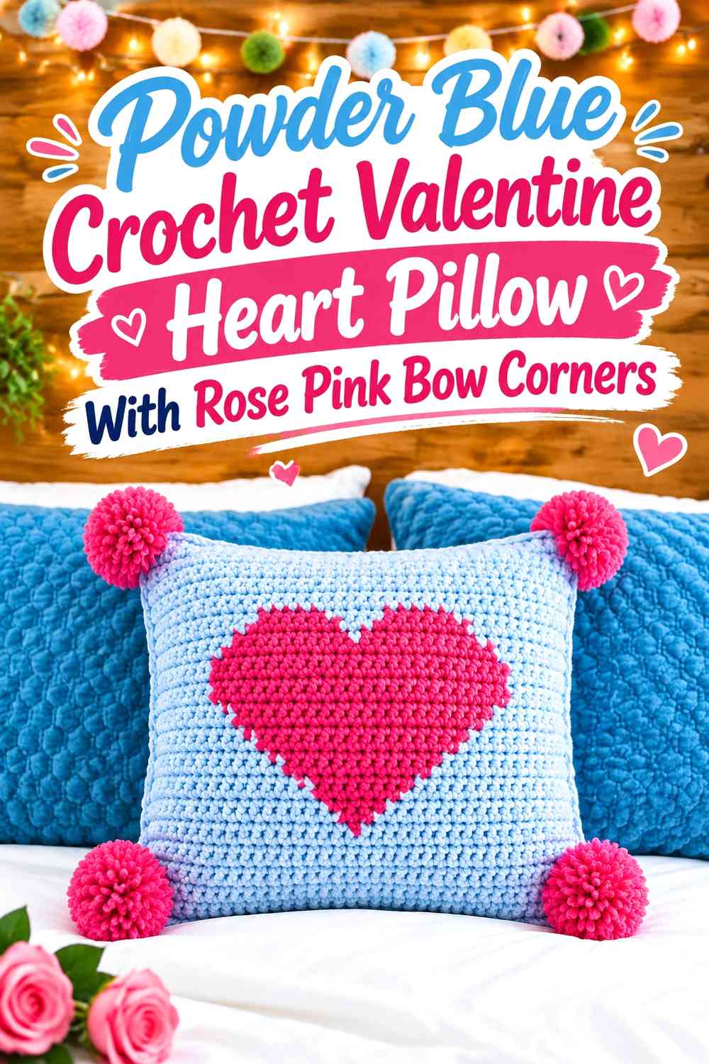 Powder Blue Crochet Valentine Heart Pillow With Rose Pink Bow Corners