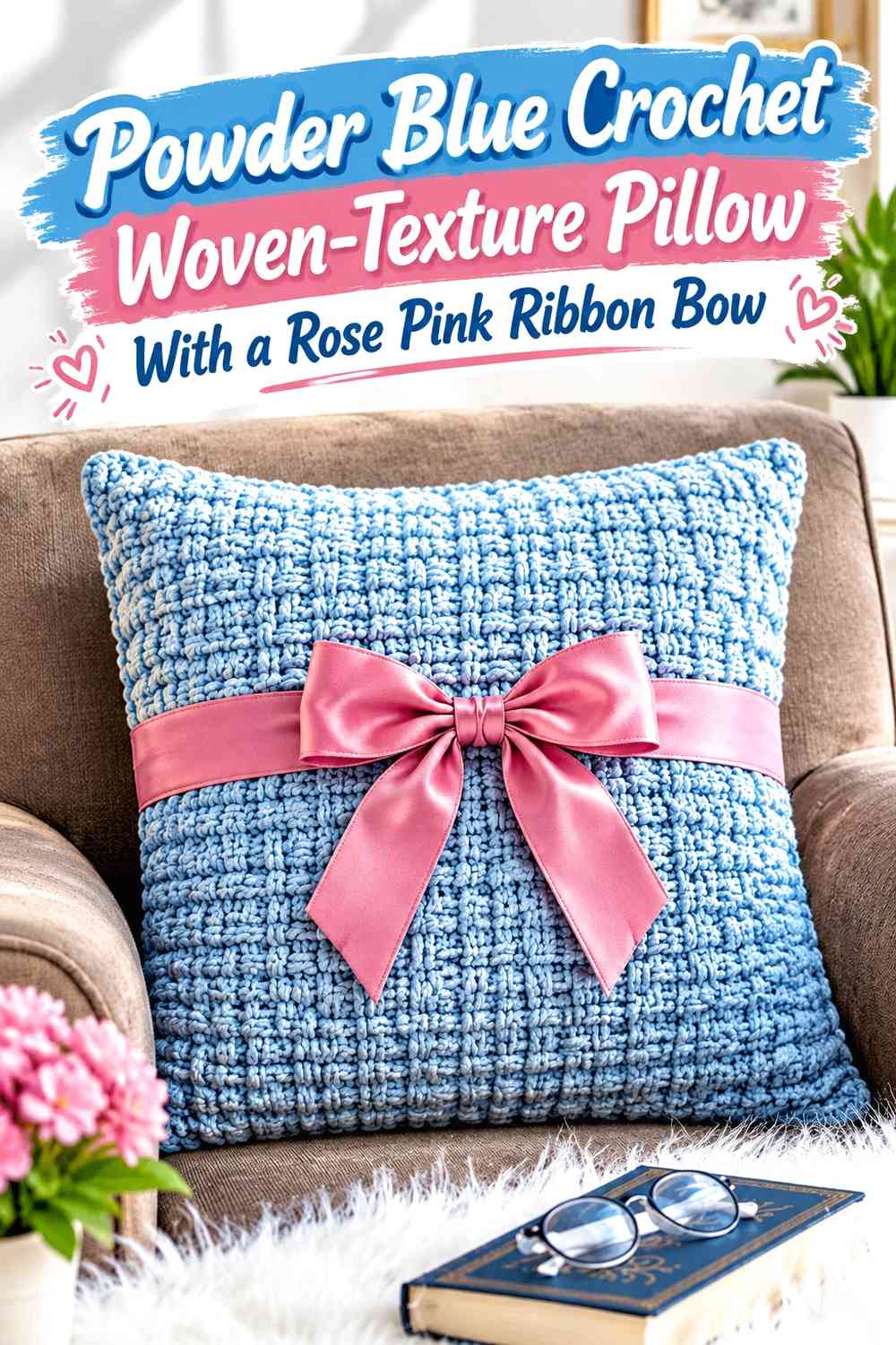 Powder Blue Crochet Woven-Texture Pillow With a Rose Pink Ribbon Bow