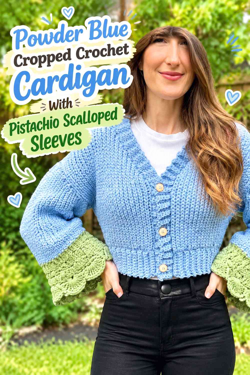 Powder Blue Cropped Crochet Cardigan With Pistachio Scalloped Sleeves