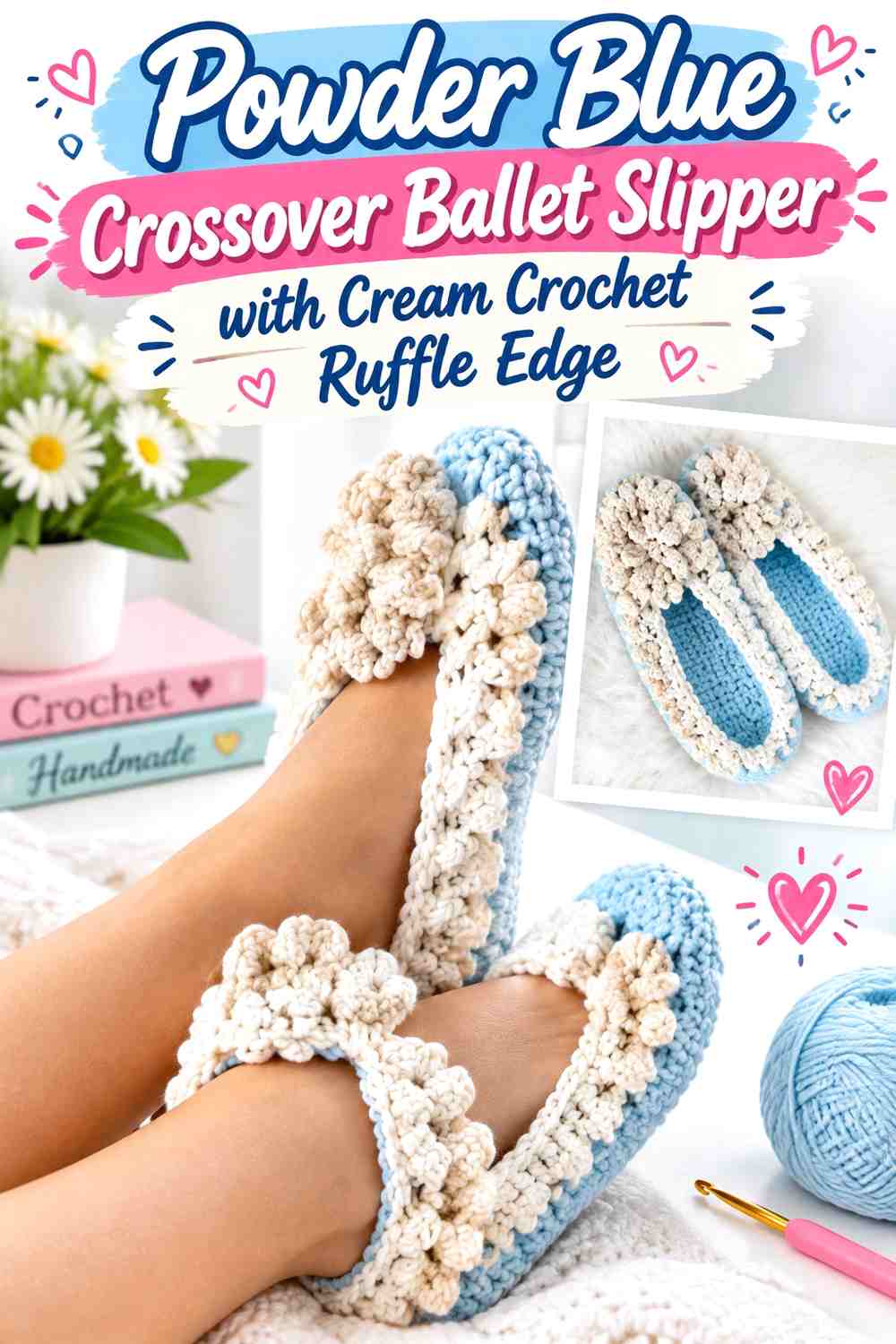 Powder Blue Crossover Ballet Slipper with Cream Crochet Ruffle Edge