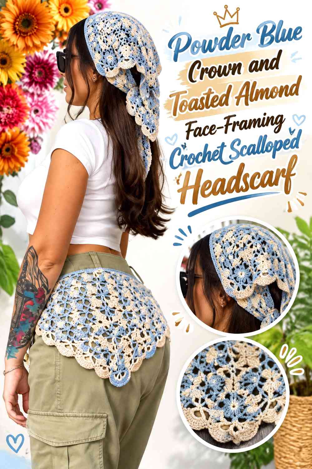 Powder Blue Crown and Toasted Almond Face-Framing Crochet Scalloped Headscarf