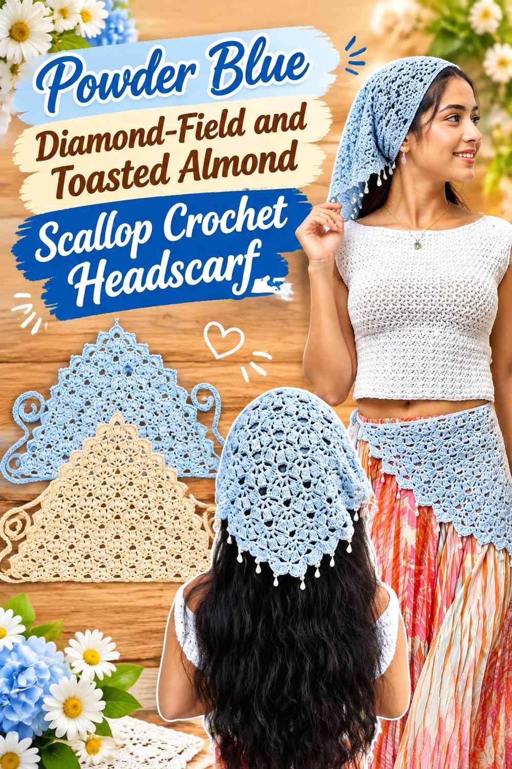 Powder Blue Diamond-Field and Toasted Almond Scallop Crochet Headscarf